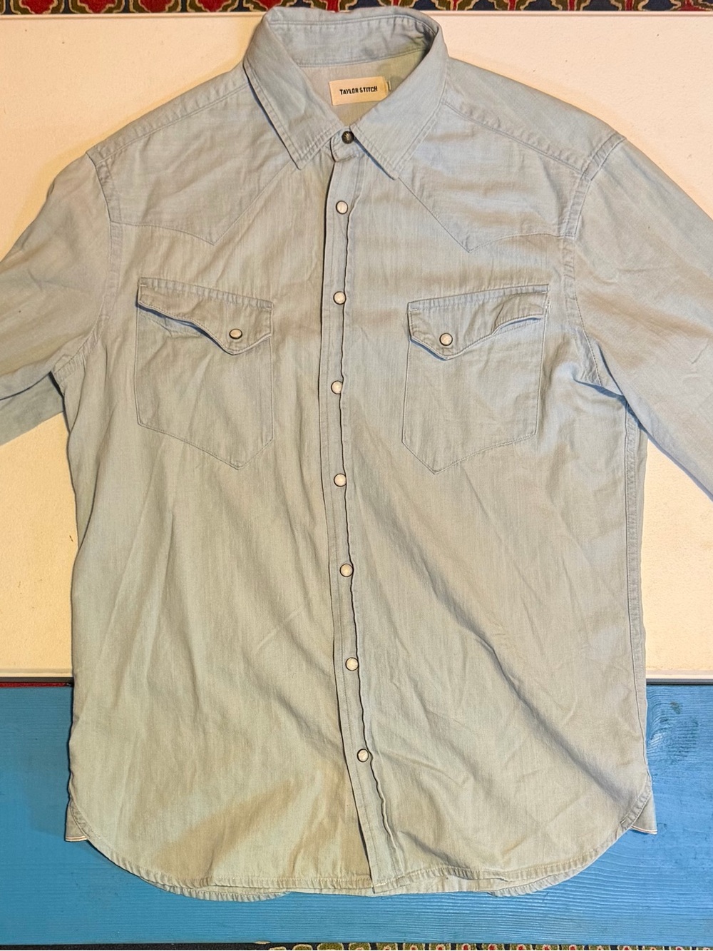 Taylor Stitch Western Shirt Washed Denim Organic Cotton Pearl Snap 40 M NWOT
